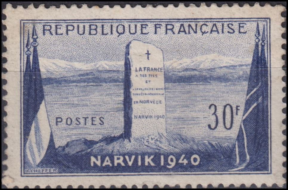 Timbre France 1952 n° 922 – Bataille de Narvik (Norvège) en 1940