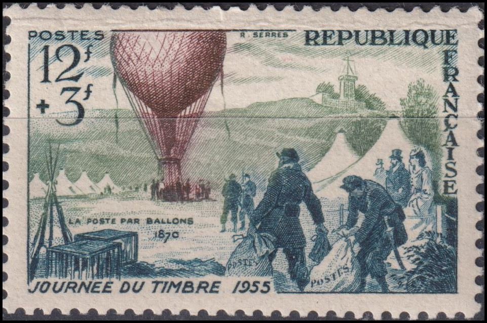 Timbre France 1955 n° 1018 – Départ d'un ballon-poste pendant le Siège de Paris