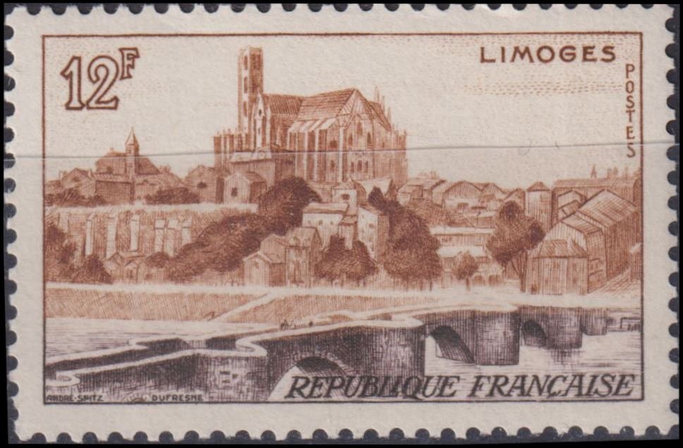 Timbre France 1955 n° 1019 – Pont Saint-Etienne et Cathédrale de Limoges