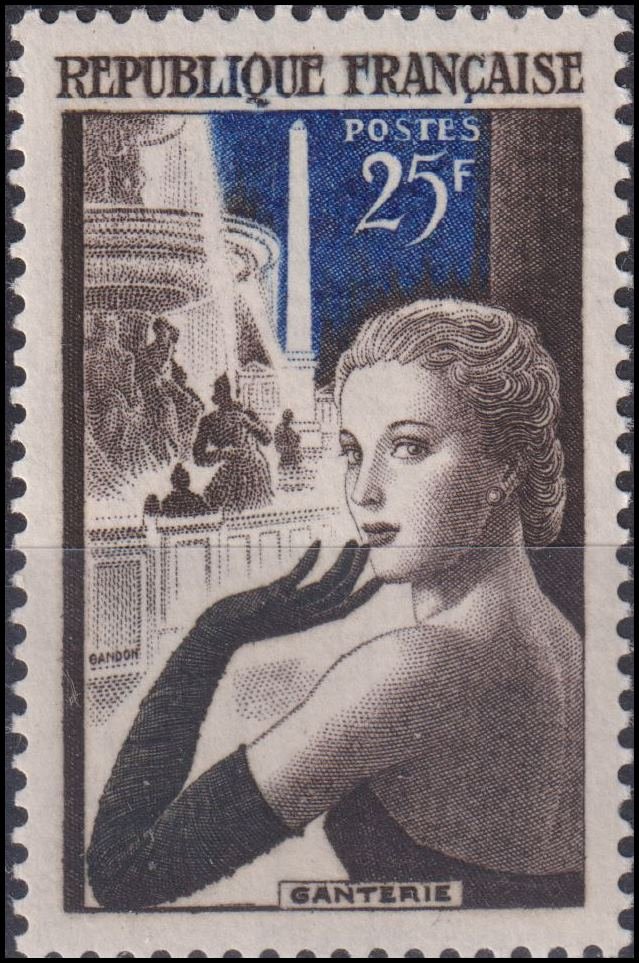 Timbre France 1955 n° 1020 – Elegante devant les fontaines de l'Obélisque de la Concorde