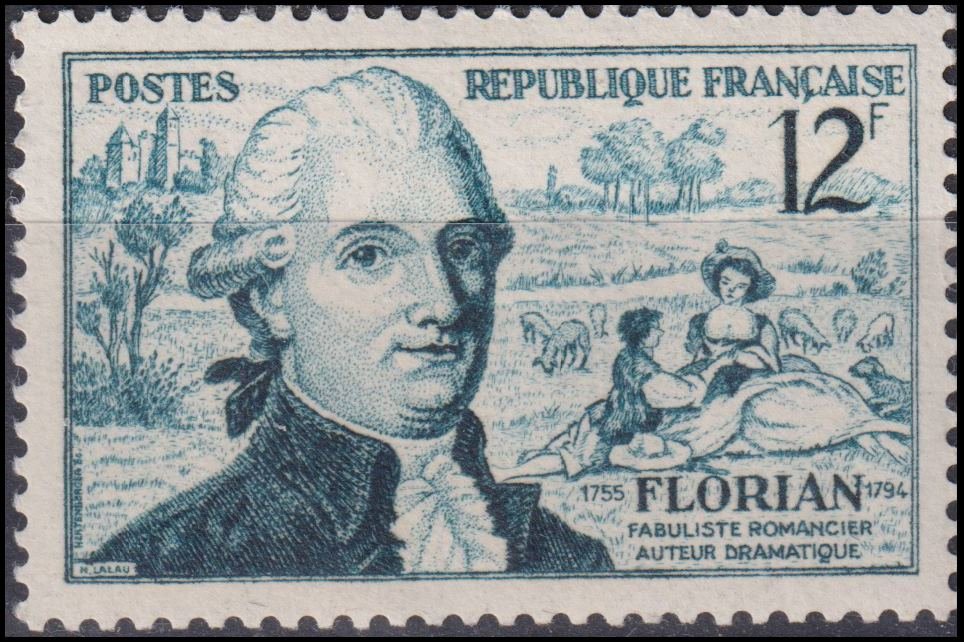 Timbre France 1955 n° 1021 – Florian et scène de "Estelle et Nemourin"