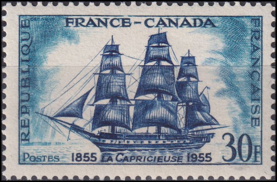 Timbre France 1955 n° 1035 – Frégate "La Capricieuse"